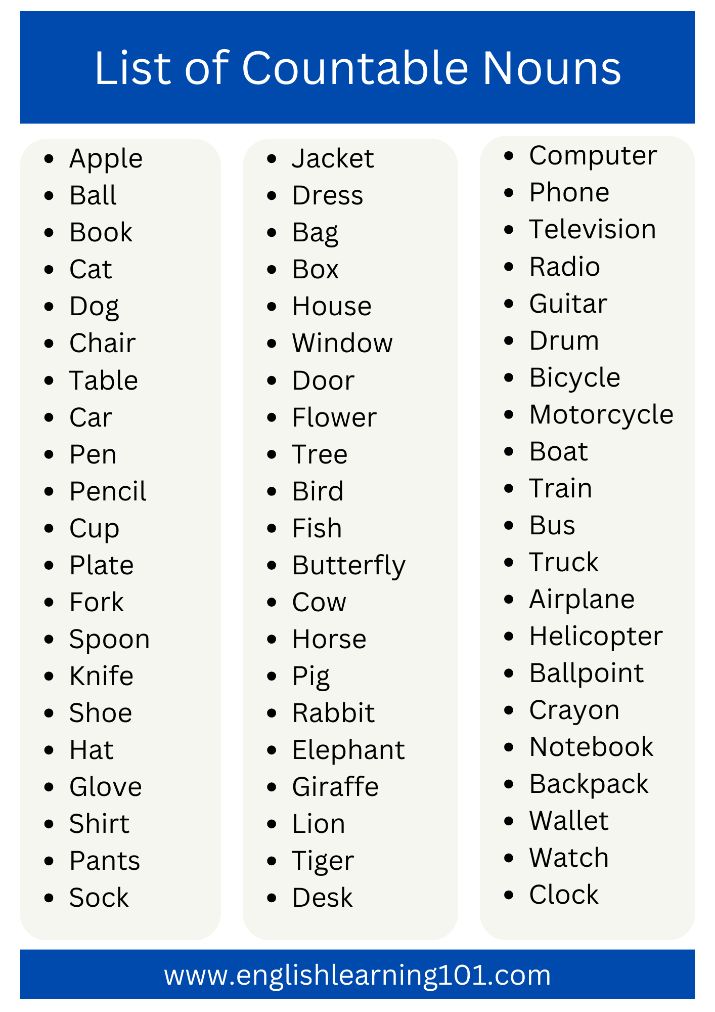 List of Countable nouns